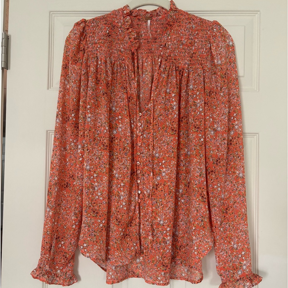 Free People Coral Orange Floral Smocked Yoke Blouse